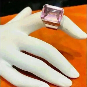 Pink rose quartz gemstone, ring with wide band.Sterling 925, handmade in India.